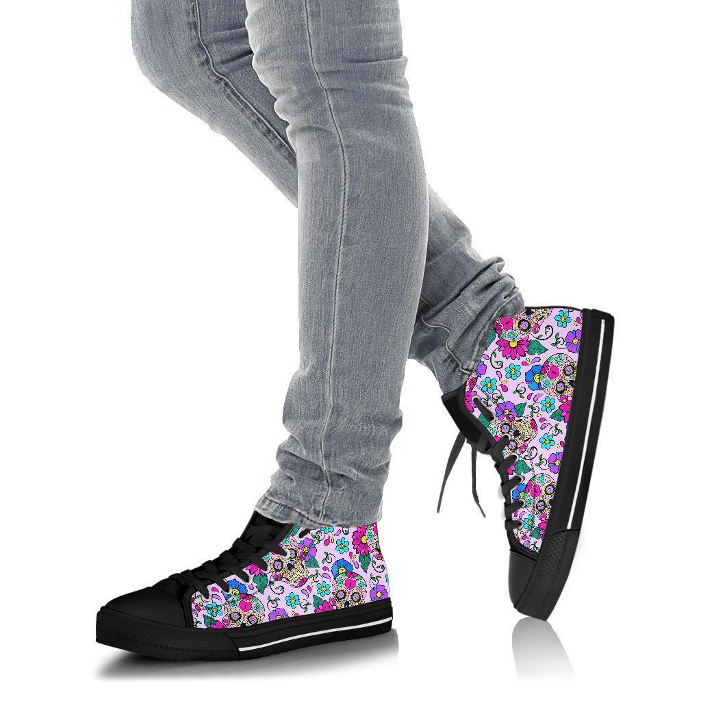 Sugar Skull Skeleton Girly Floral Pattern Print Men Women's High Top Shoes-grizzshop