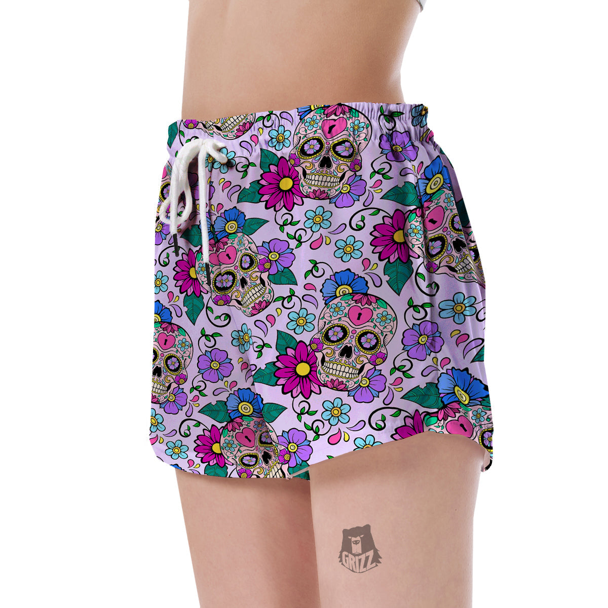 Sugar Skull Skeleton Girly Floral Pattern Print Women's Shorts-grizzshop