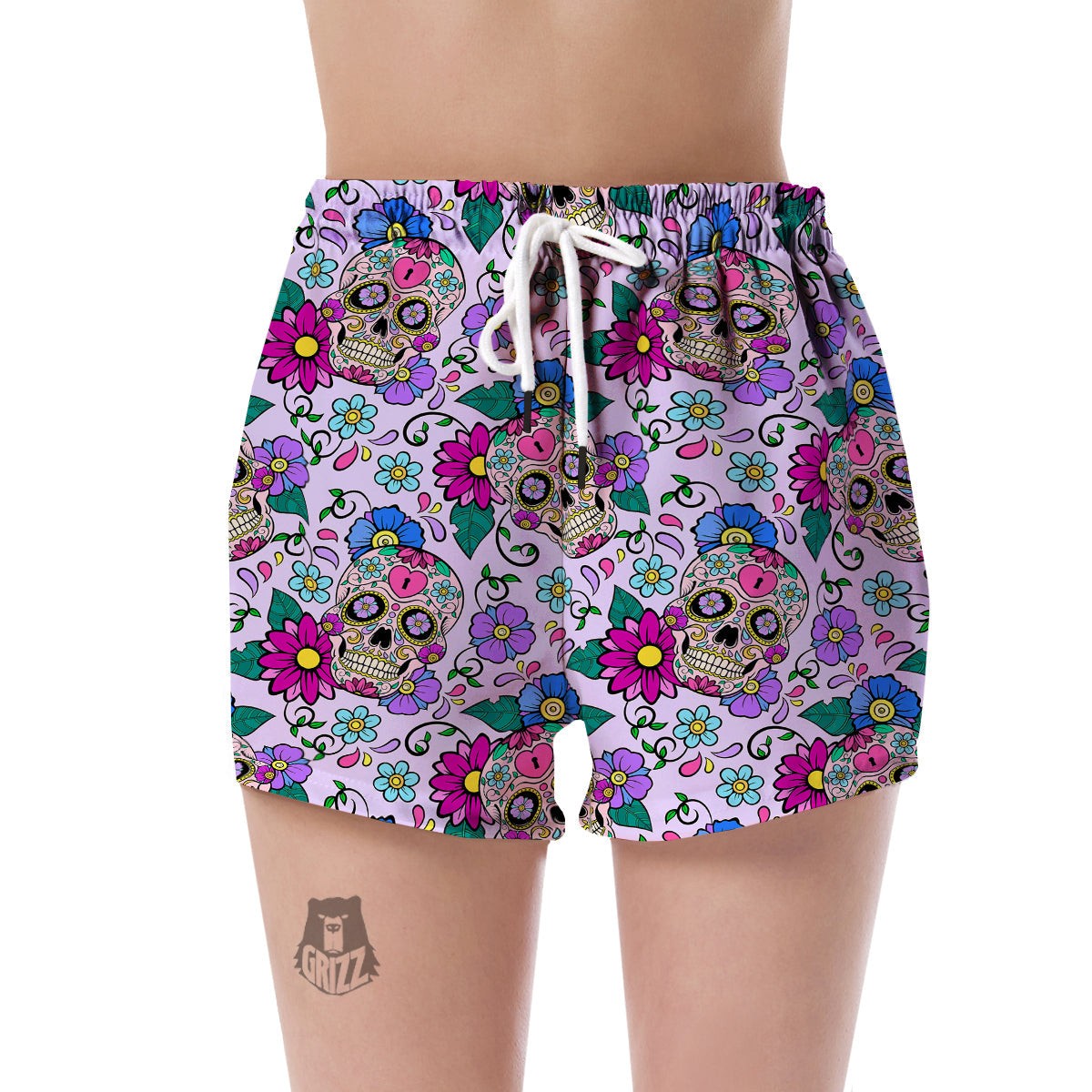Sugar Skull Skeleton Girly Floral Pattern Print Women's Shorts-grizzshop