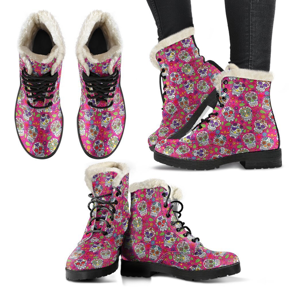 Sugar Skull Skeleton Girly Floral Pirate Pattern Print Comfy Winter Boots-grizzshop