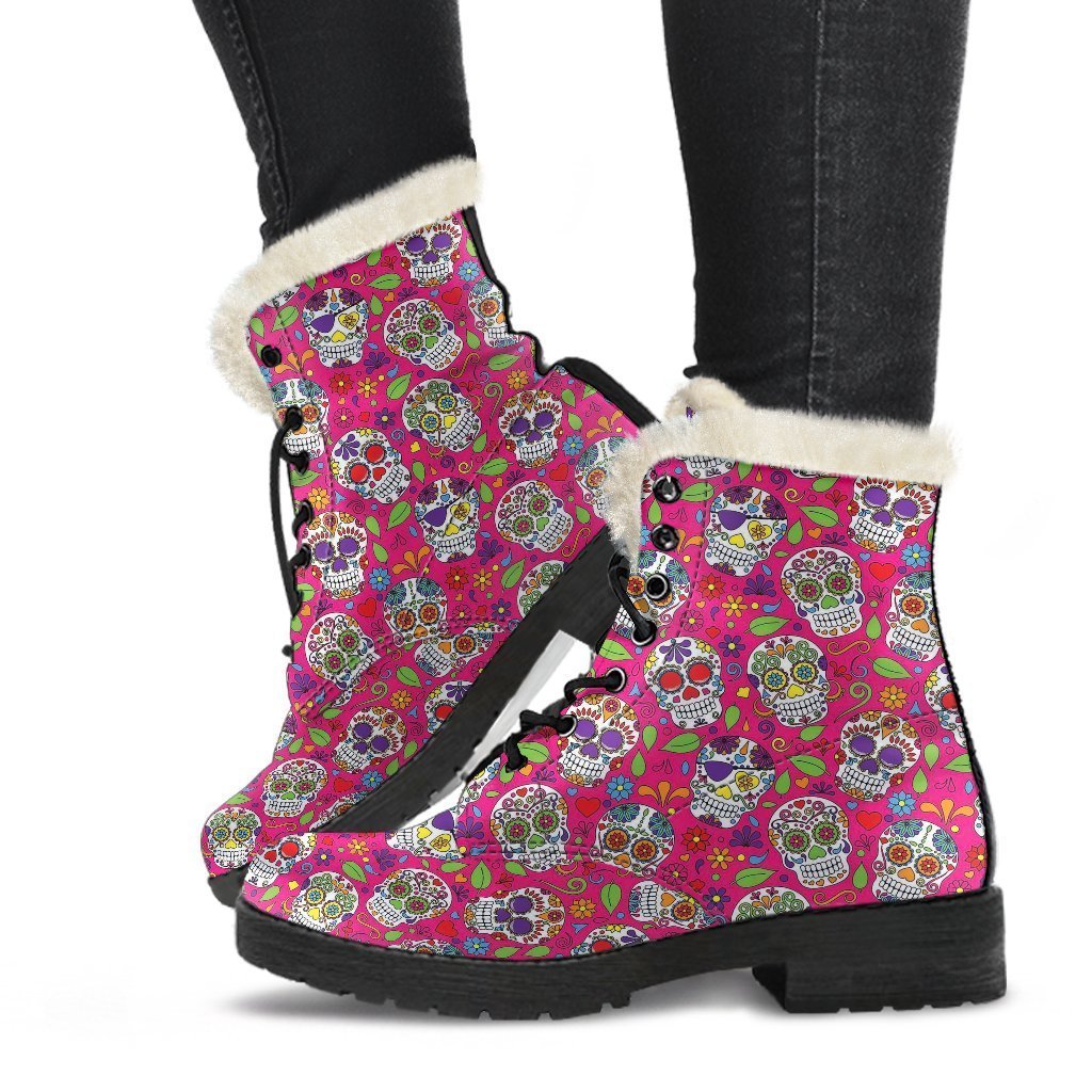 Sugar Skull Skeleton Girly Floral Pirate Pattern Print Comfy Winter Boots-grizzshop
