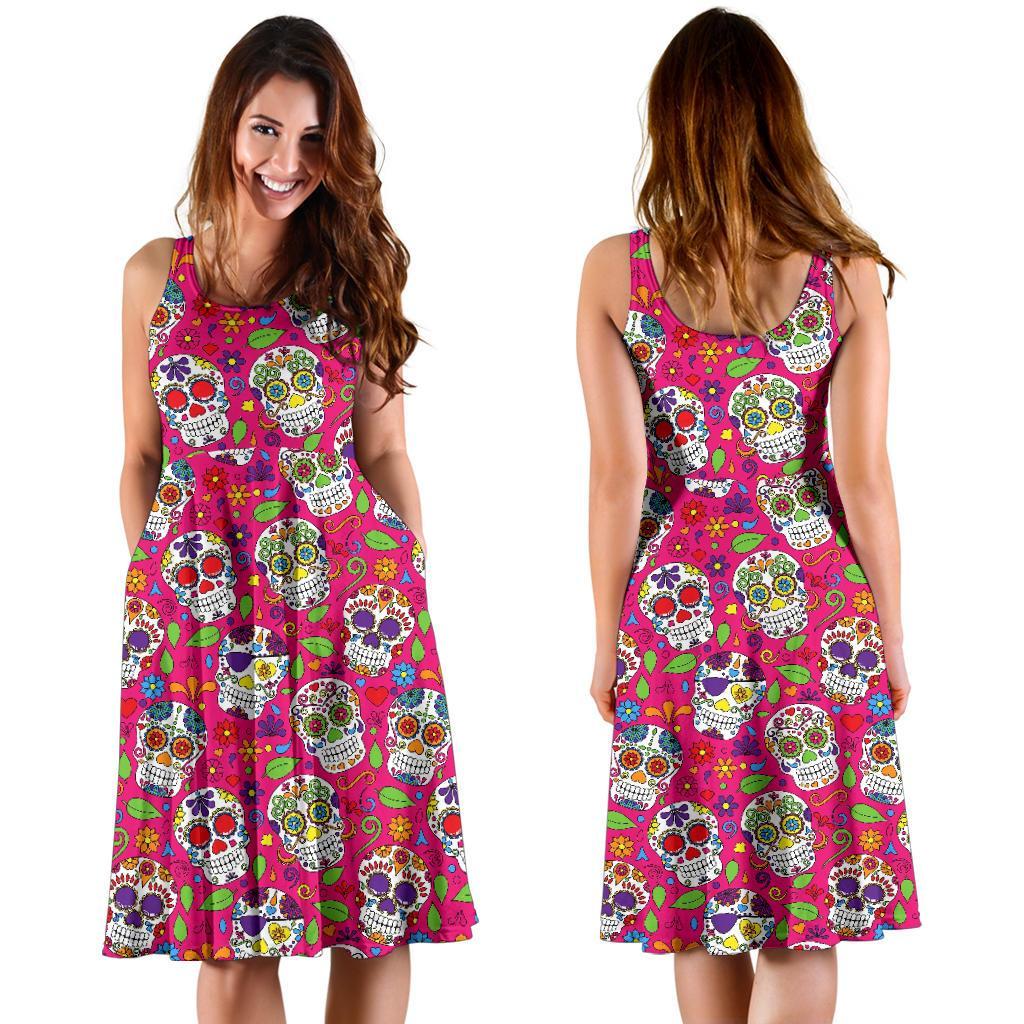 Sugar Skull Skeleton Girly Floral Pirate Pattern Print Dress-grizzshop