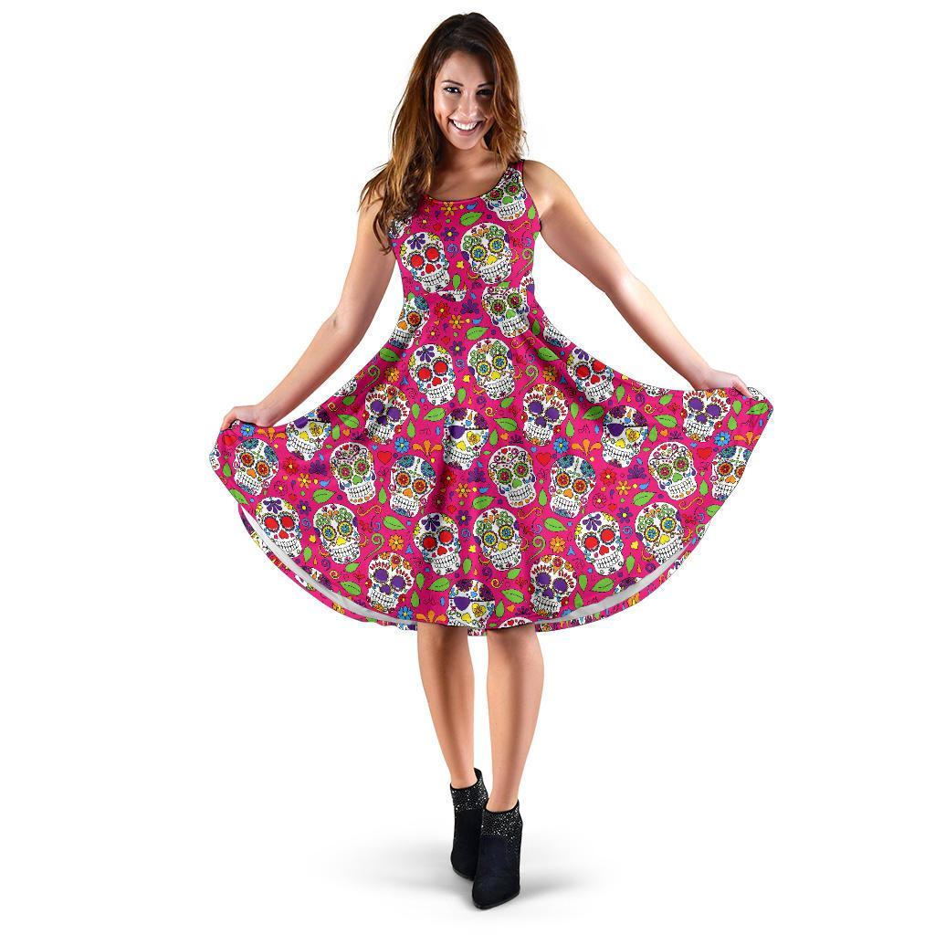 Sugar Skull Skeleton Girly Floral Pirate Pattern Print Dress-grizzshop