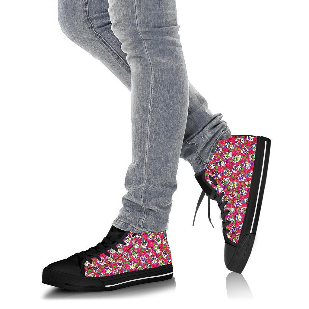Sugar Skull Skeleton Girly Floral Pirate Pattern Print Men Women's High Top Shoes-grizzshop