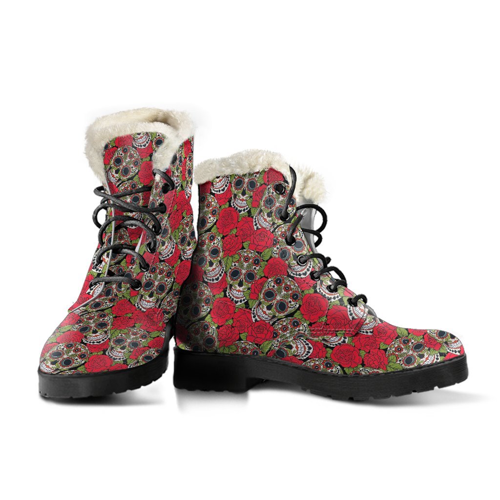 Sugar Skull Skeleton Girly Floral Rose Pattern Print Comfy Winter Boots-grizzshop