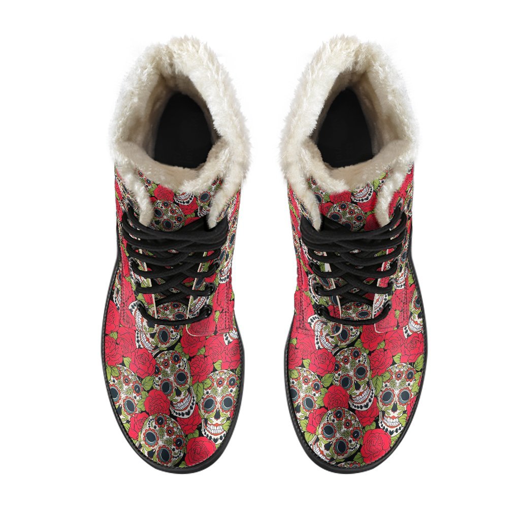 Sugar Skull Skeleton Girly Floral Rose Pattern Print Comfy Winter Boots-grizzshop