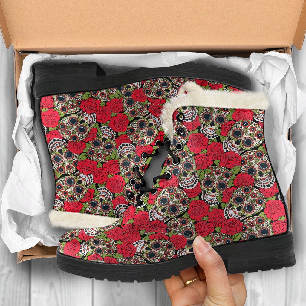 Sugar Skull Skeleton Girly Floral Rose Pattern Print Comfy Winter Boots-grizzshop