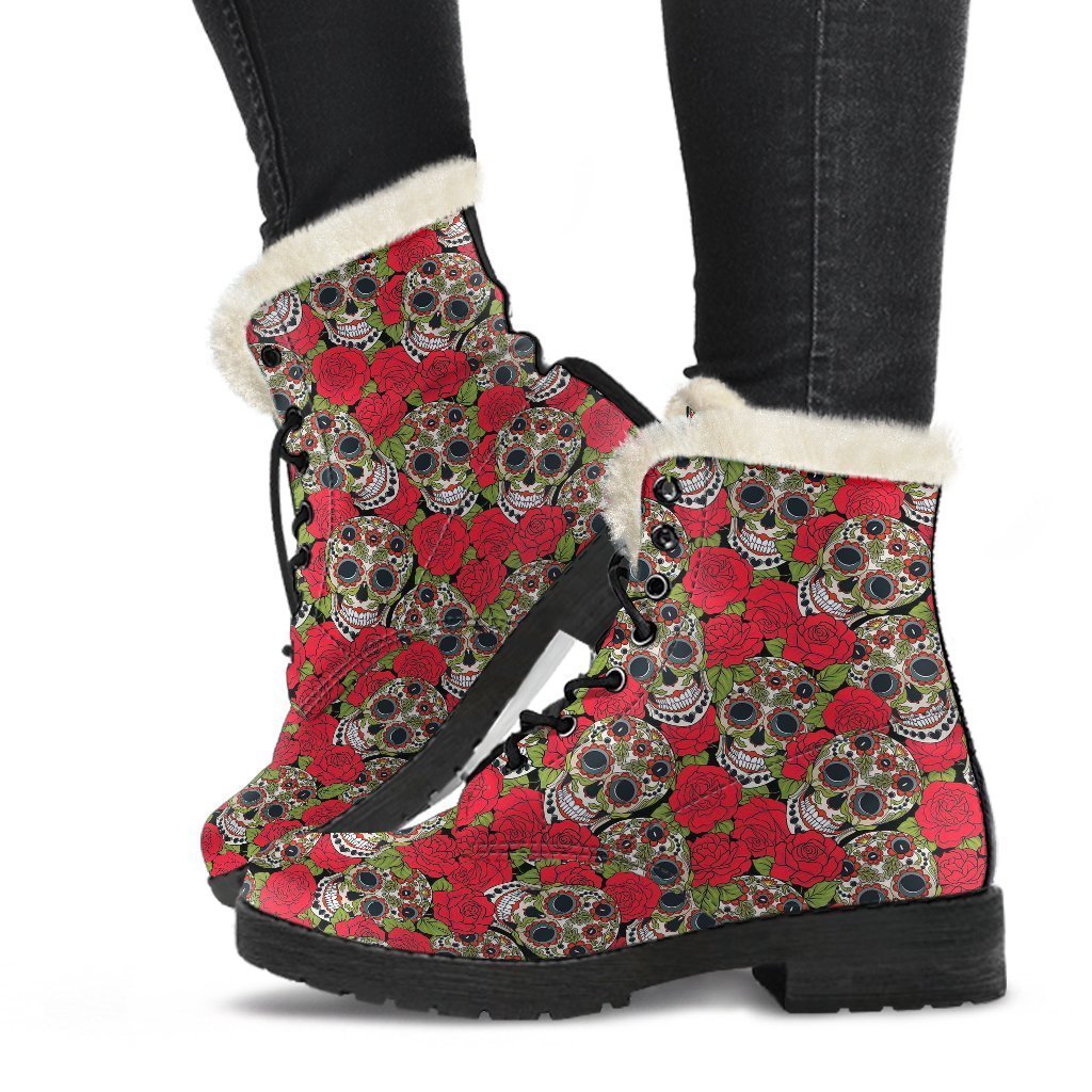 Sugar Skull Skeleton Girly Floral Rose Pattern Print Comfy Winter Boots-grizzshop