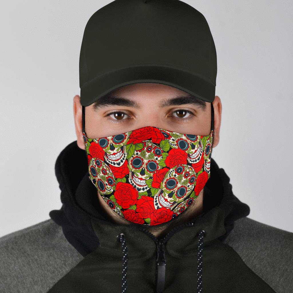 Sugar Skull Skeleton Girly Floral Rose Pattern Print Face Mask-grizzshop