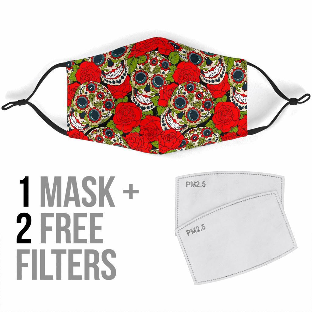 Sugar Skull Skeleton Girly Floral Rose Pattern Print Face Mask-grizzshop