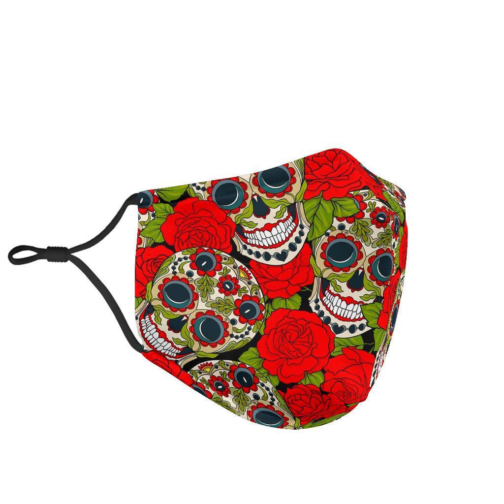 Sugar Skull Skeleton Girly Floral Rose Pattern Print Face Mask-grizzshop