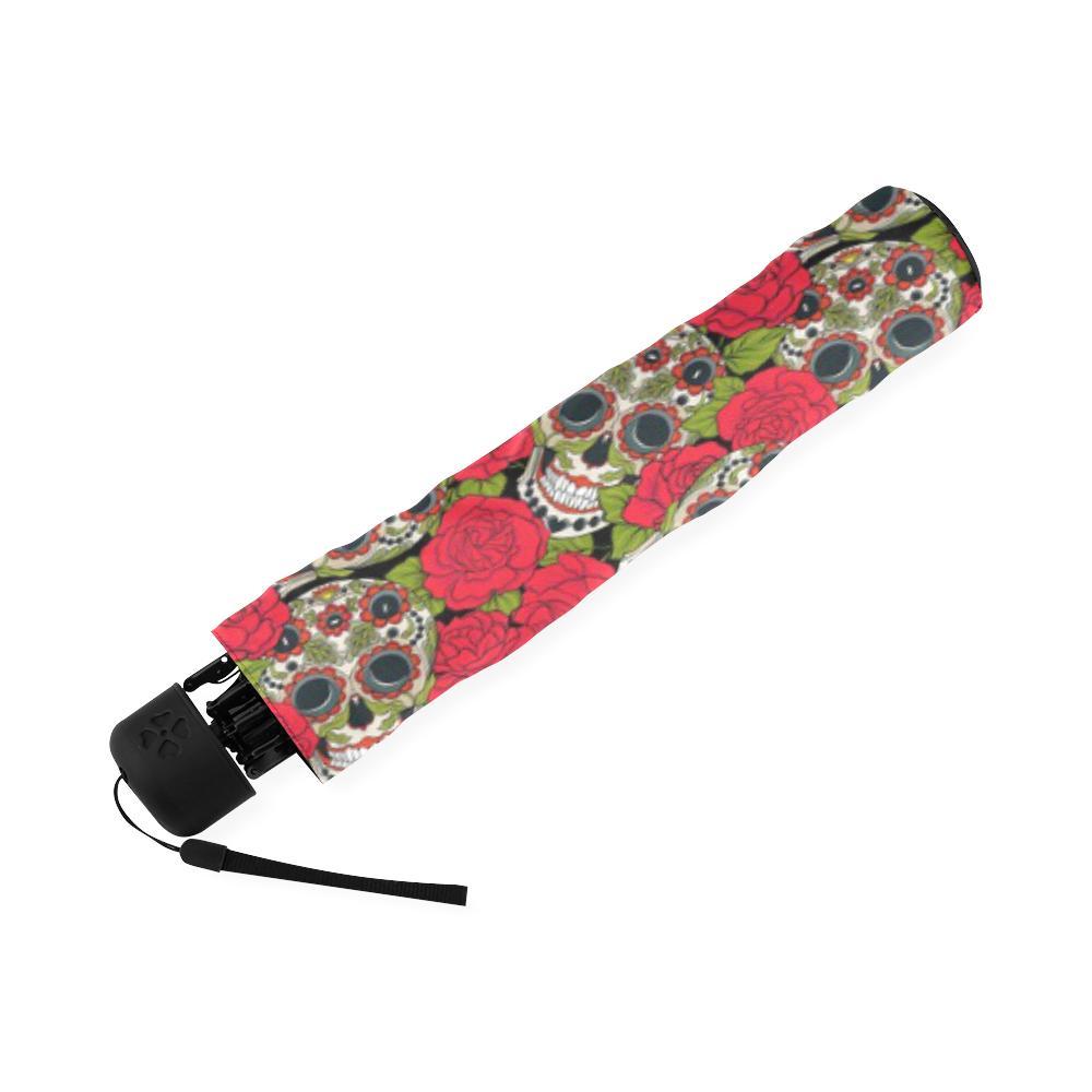 Sugar Skull Skeleton Girly Floral Rose Pattern Print Foldable Umbrella-grizzshop