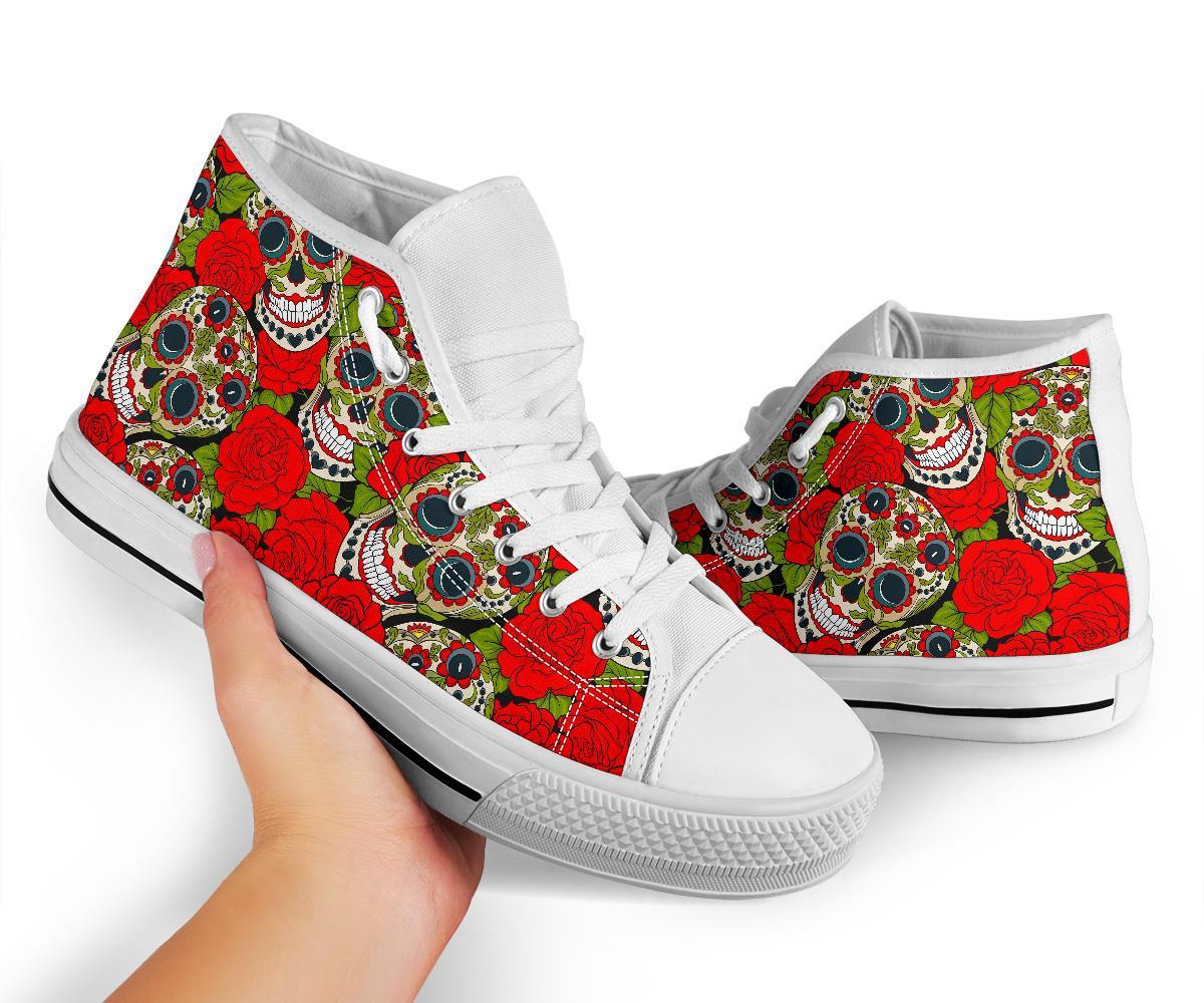 Sugar Skull Skeleton Girly Floral Rose Pattern Print Men Women's High Top Shoes-grizzshop