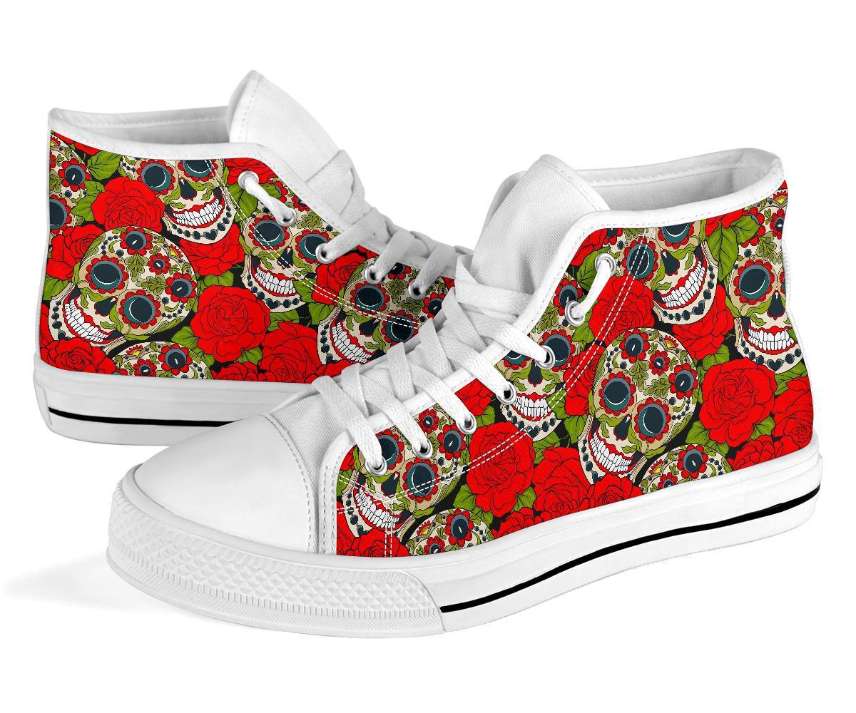 Sugar Skull Skeleton Girly Floral Rose Pattern Print Men Women's High Top Shoes-grizzshop