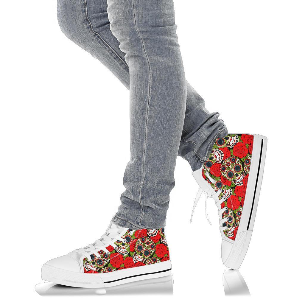 Sugar Skull Skeleton Girly Floral Rose Pattern Print Men Women's High Top Shoes-grizzshop