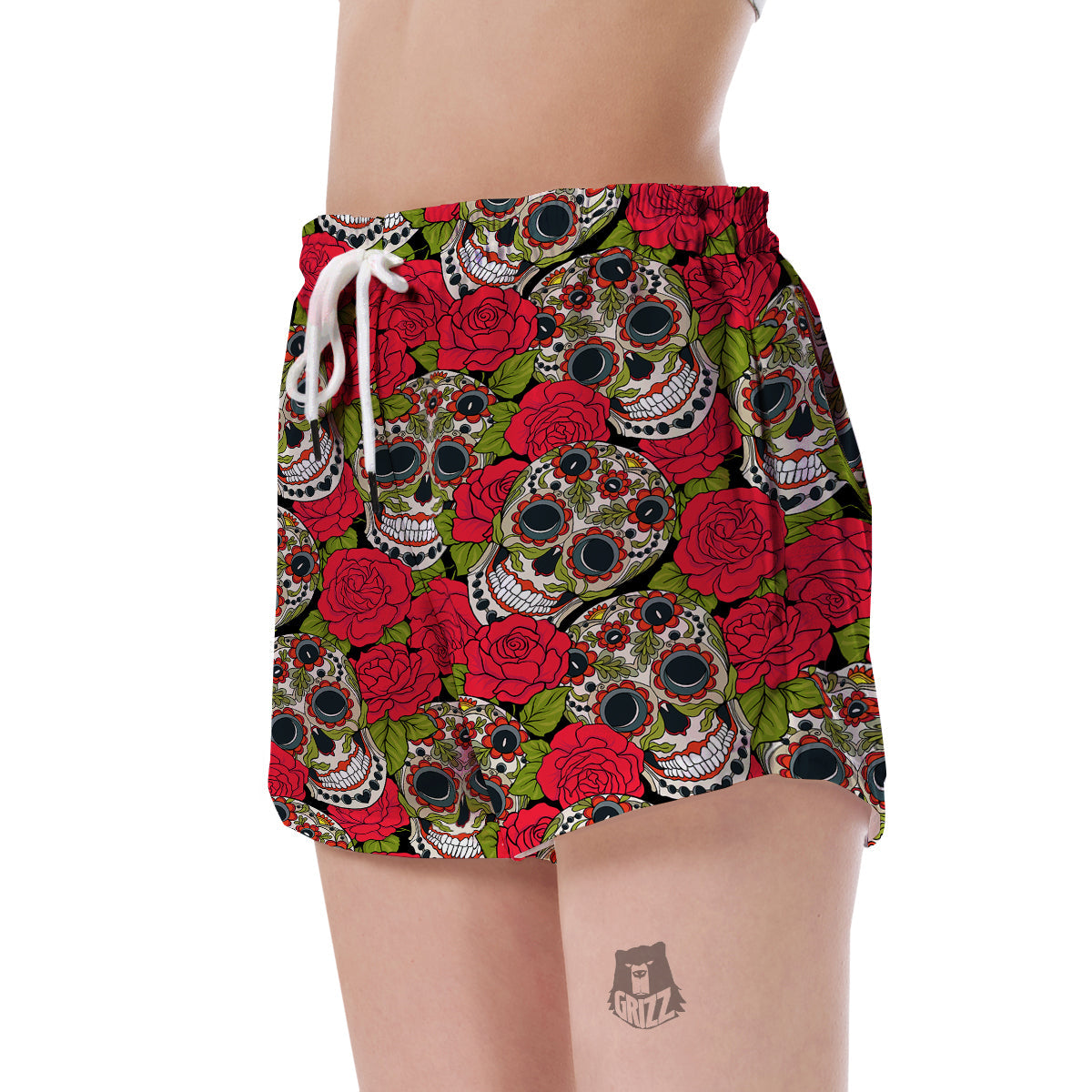 Sugar Skull Skeleton Girly Floral Rose Pattern Print Women's Shorts-grizzshop