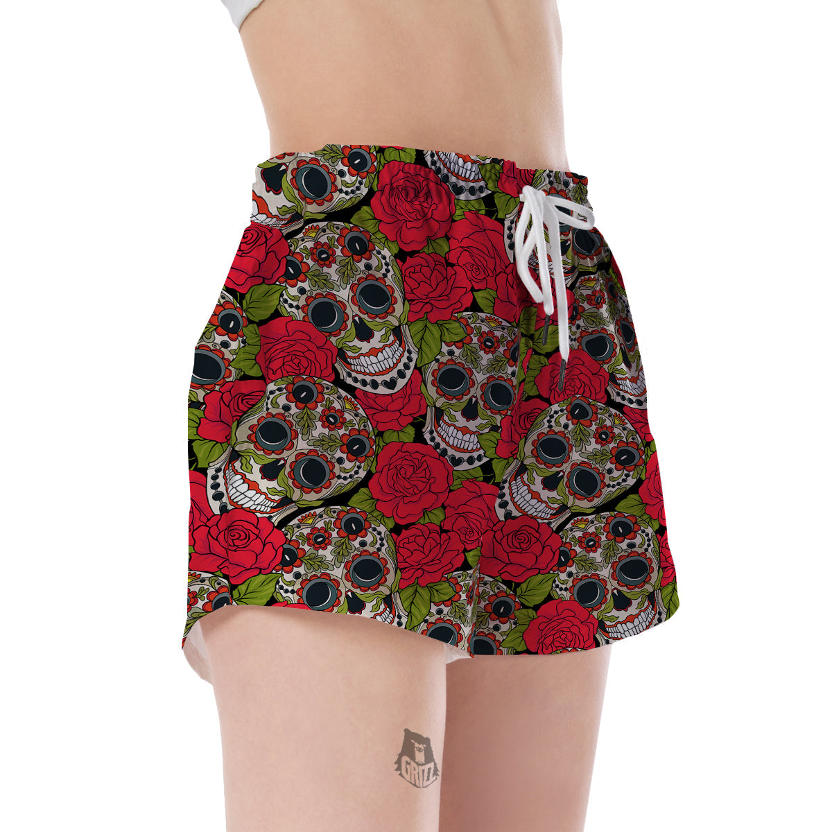 Sugar Skull Skeleton Girly Floral Rose Pattern Print Women's Shorts-grizzshop