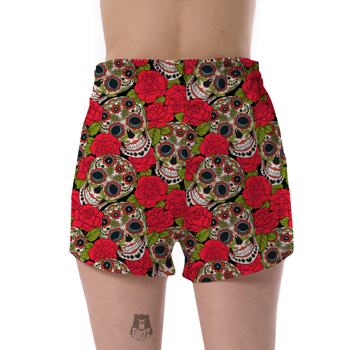 Sugar Skull Skeleton Girly Floral Rose Pattern Print Women's Shorts-grizzshop