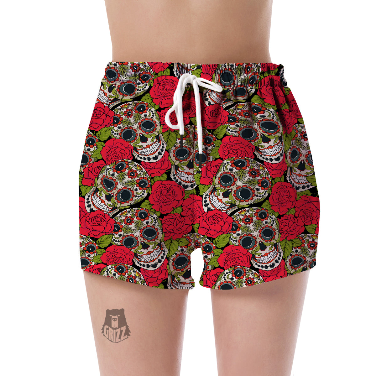 Sugar Skull Skeleton Girly Floral Rose Pattern Print Women's Shorts-grizzshop
