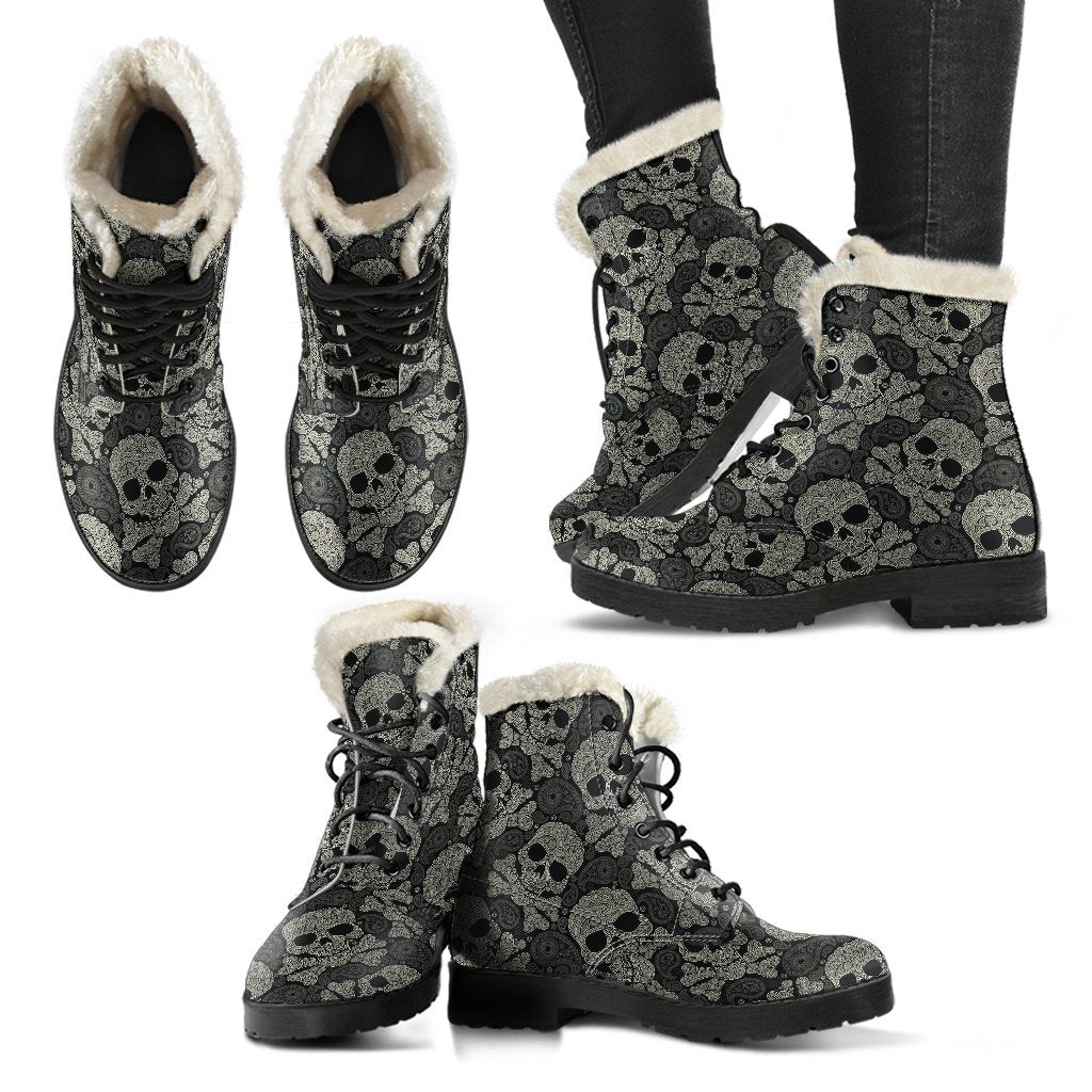 Sugar Skull Skeleton Girly Paisley Pattern Print Comfy Winter Boots-grizzshop