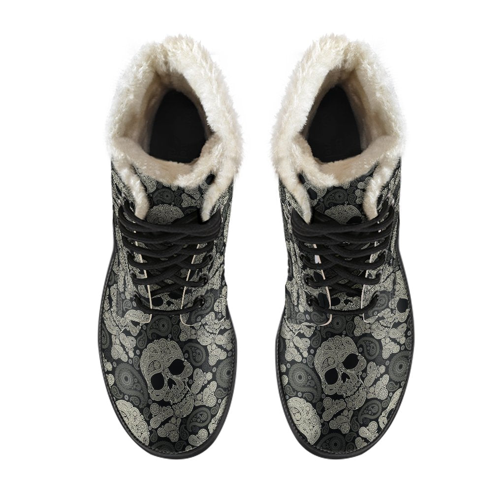 Sugar Skull Skeleton Girly Paisley Pattern Print Comfy Winter Boots-grizzshop