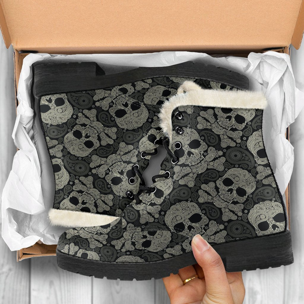 Sugar Skull Skeleton Girly Paisley Pattern Print Comfy Winter Boots-grizzshop