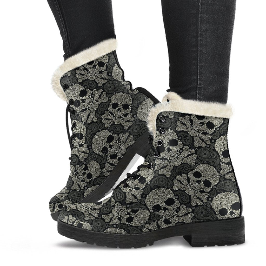 Sugar Skull Skeleton Girly Paisley Pattern Print Comfy Winter Boots-grizzshop
