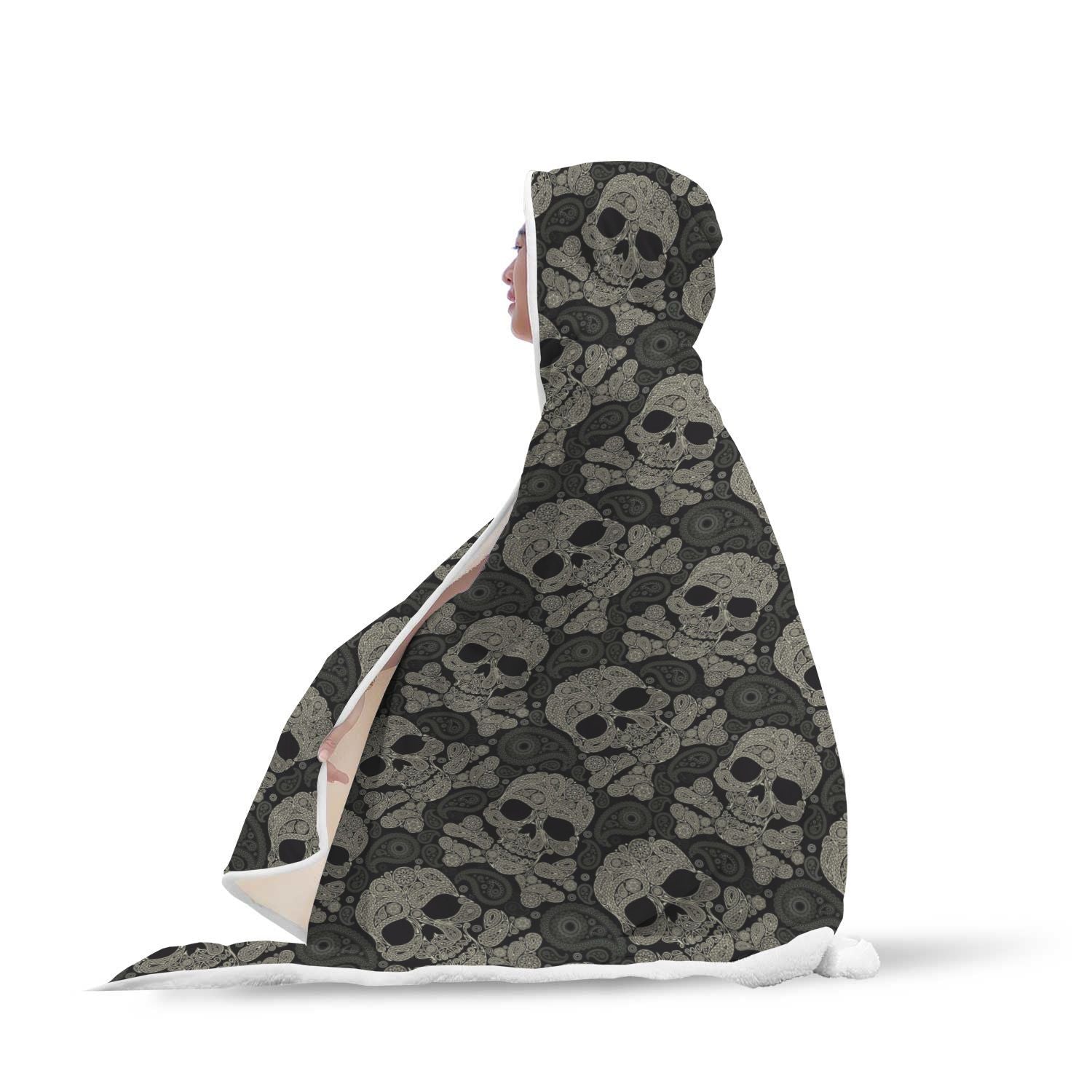 Sugar Skull Skeleton Girly Paisley Pattern Print Hooded Blanket-grizzshop