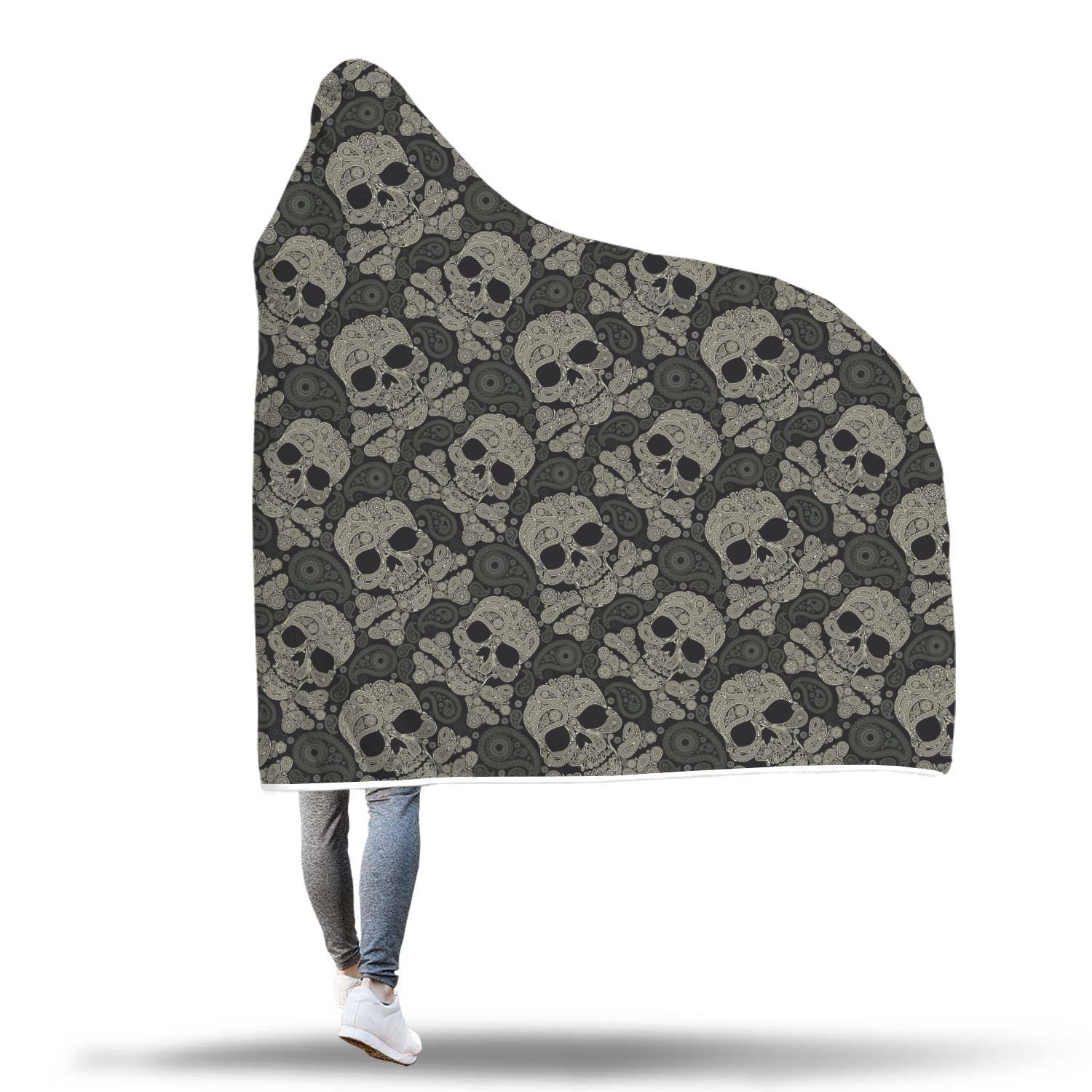 Sugar Skull Skeleton Girly Paisley Pattern Print Hooded Blanket-grizzshop