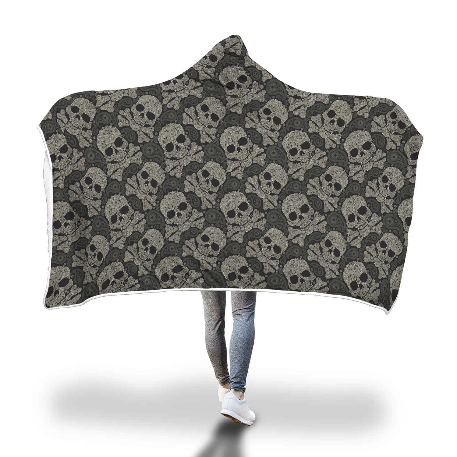 Sugar Skull Skeleton Girly Paisley Pattern Print Hooded Blanket-grizzshop