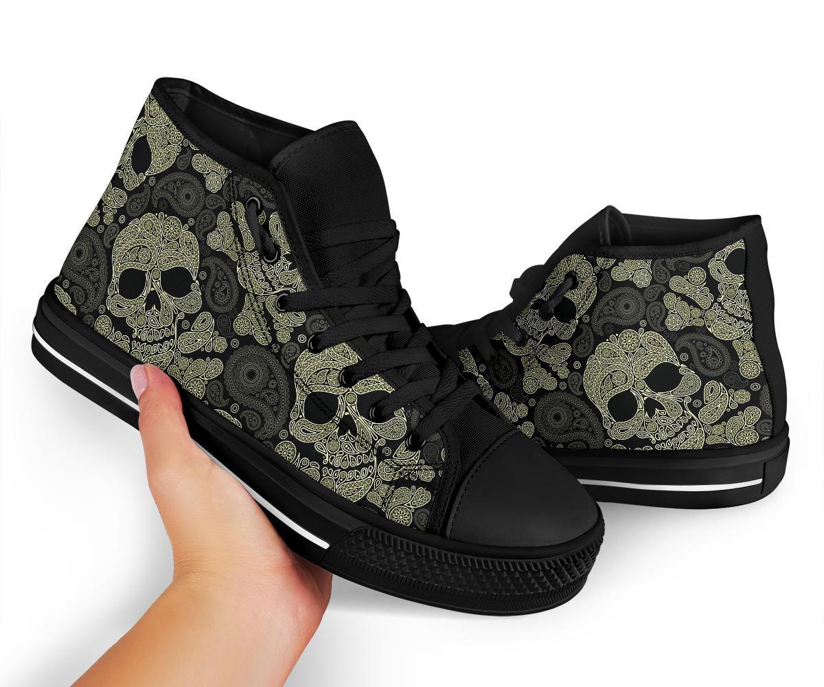 Sugar Skull Skeleton Girly Paisley Pattern Print Men Women's High Top Shoes-grizzshop