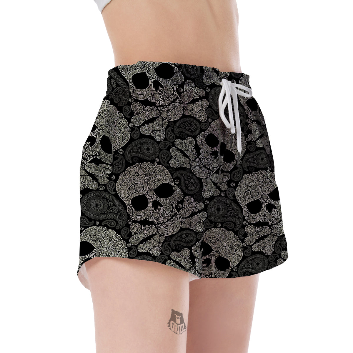 Sugar Skull Skeleton Girly Paisley Pattern Print Women's Shorts-grizzshop