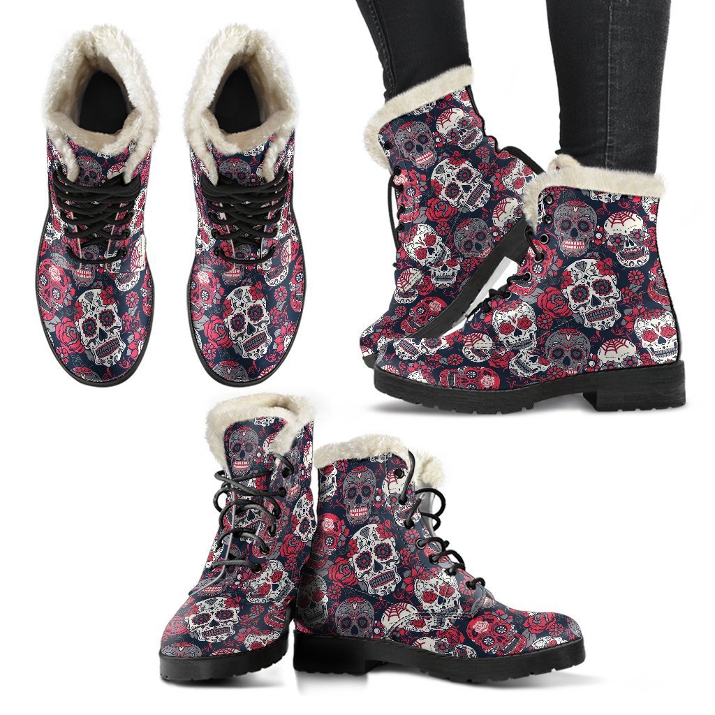 Sugar Skull Skeleton Girly Rose Floral Pattern Print Comfy Winter Boots-grizzshop