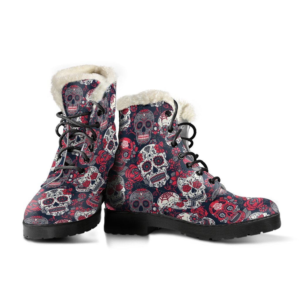 Sugar Skull Skeleton Girly Rose Floral Pattern Print Comfy Winter Boots-grizzshop