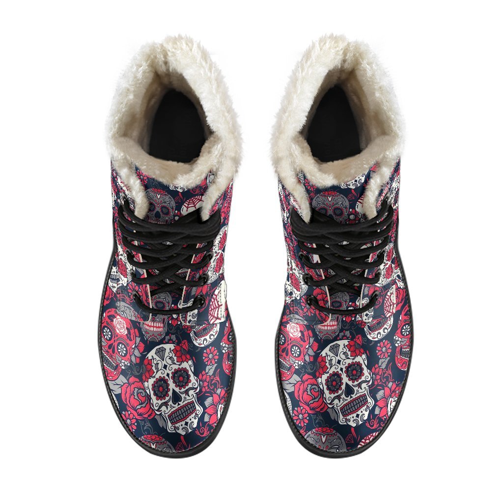 Sugar Skull Skeleton Girly Rose Floral Pattern Print Comfy Winter Boots-grizzshop