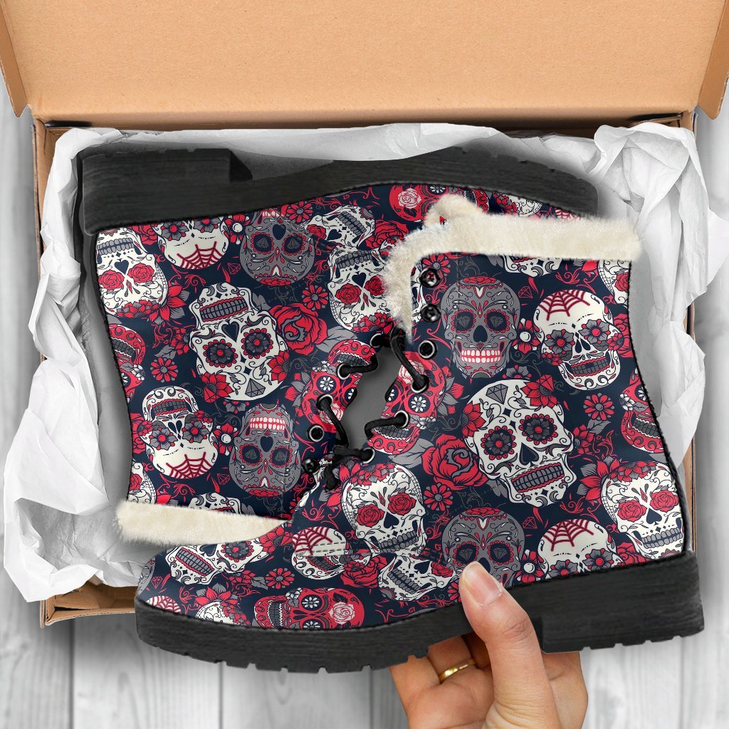 Sugar Skull Skeleton Girly Rose Floral Pattern Print Comfy Winter Boots-grizzshop
