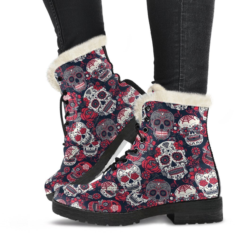 Sugar Skull Skeleton Girly Rose Floral Pattern Print Comfy Winter Boots-grizzshop