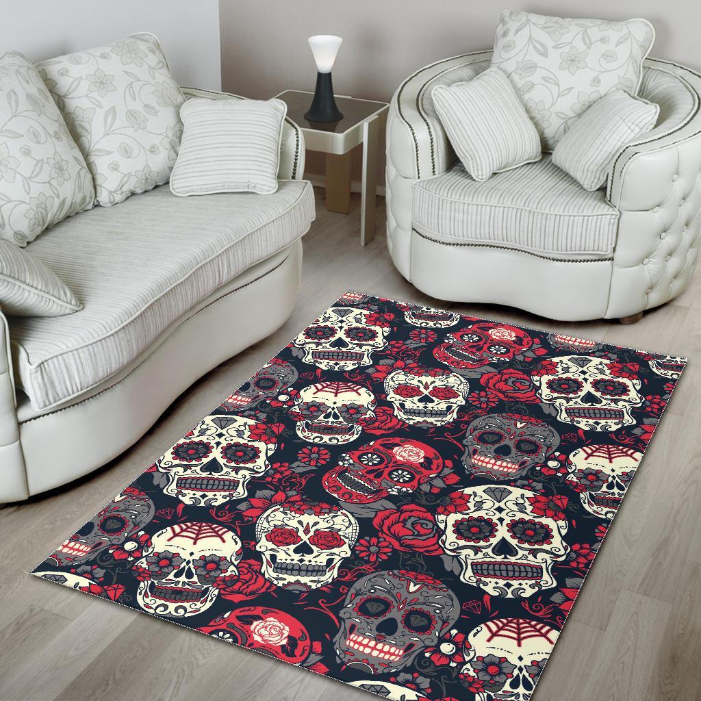 Sugar Skull Skeleton Girly Rose Floral Pattern Print Floor Mat-grizzshop