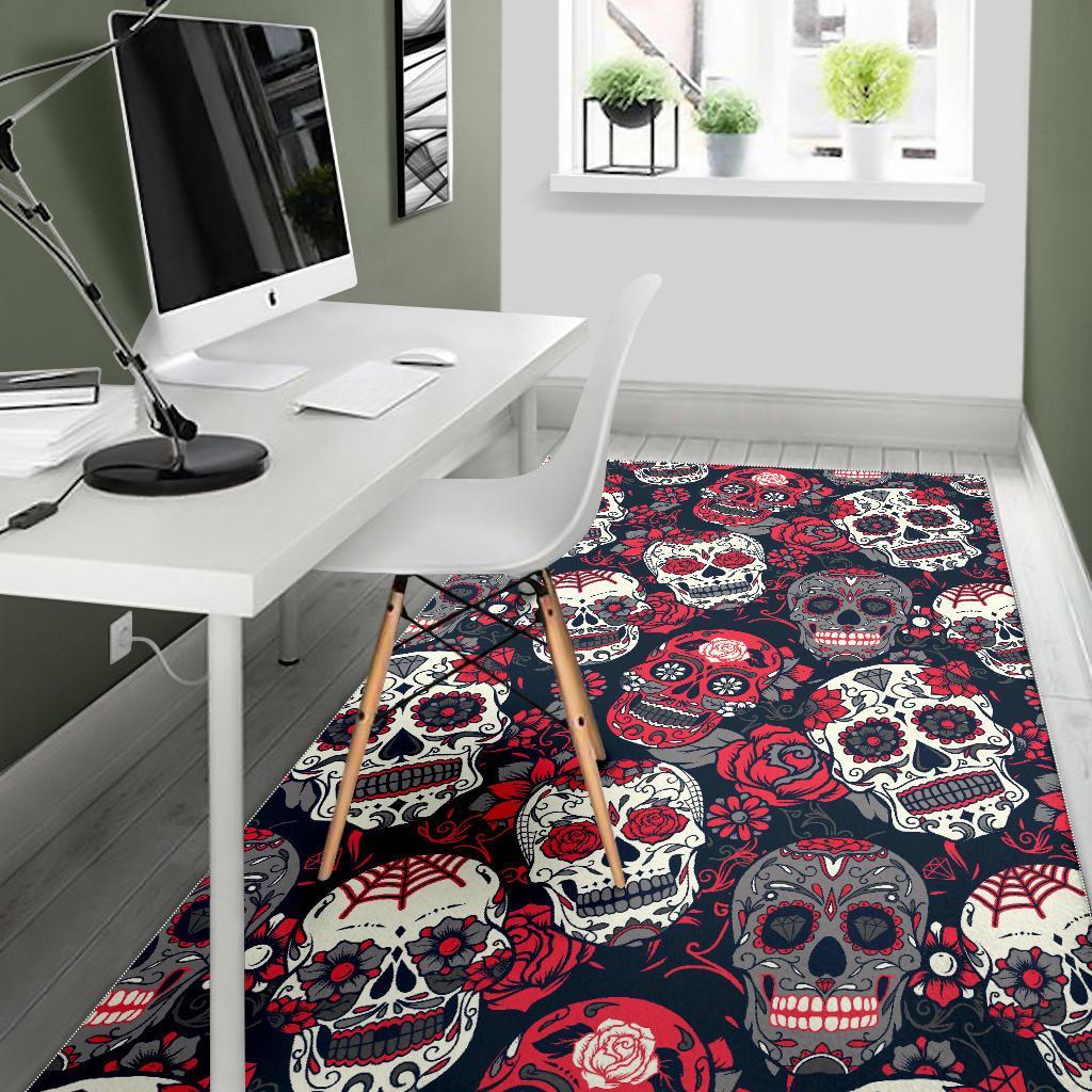 Sugar Skull Skeleton Girly Rose Floral Pattern Print Floor Mat-grizzshop