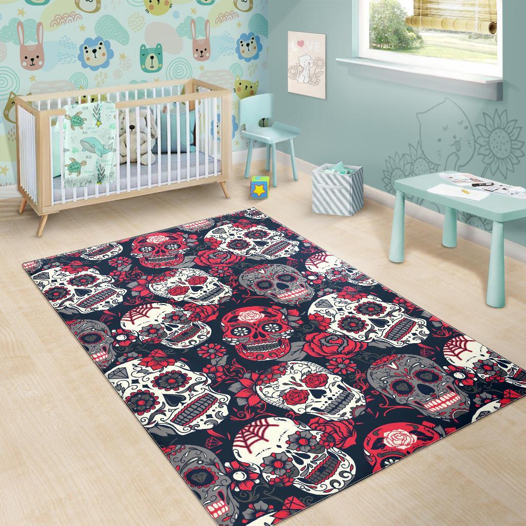 Sugar Skull Skeleton Girly Rose Floral Pattern Print Floor Mat-grizzshop