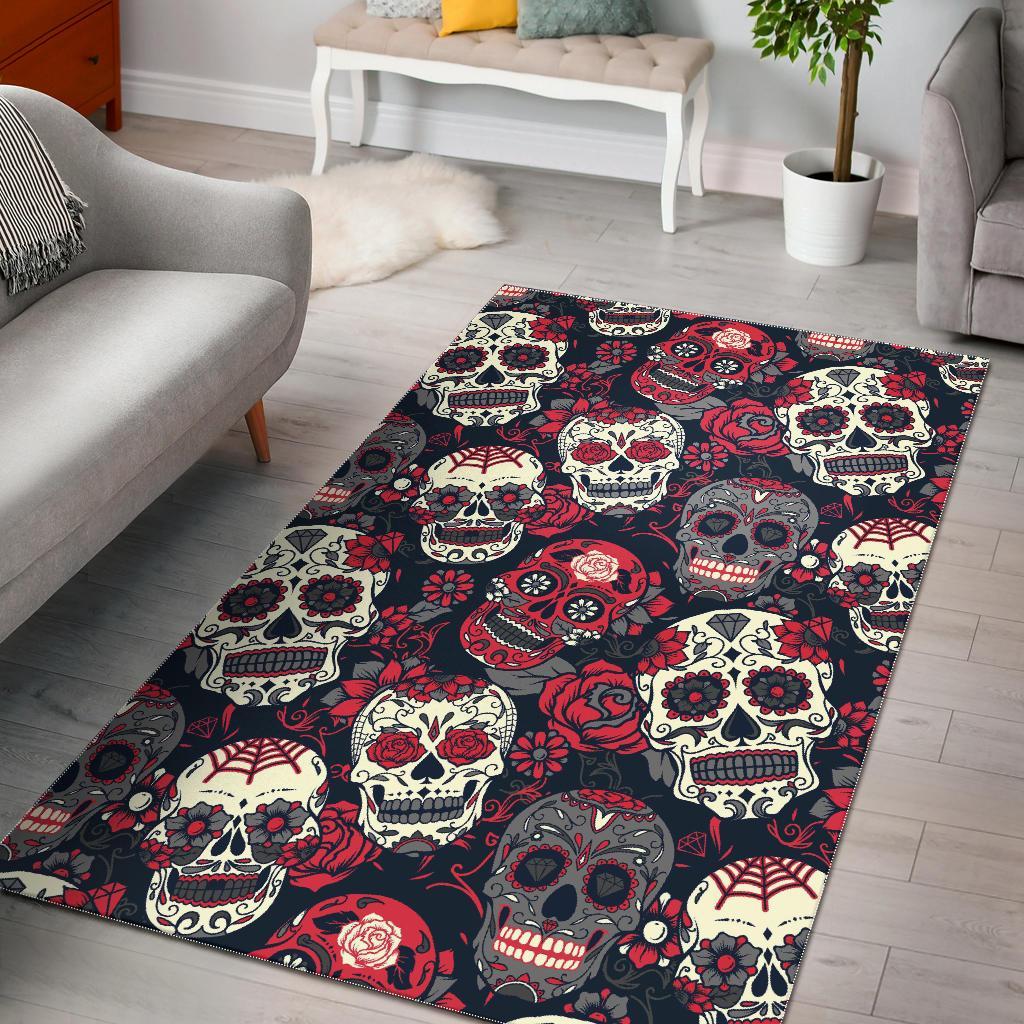Sugar Skull Skeleton Girly Rose Floral Pattern Print Floor Mat-grizzshop
