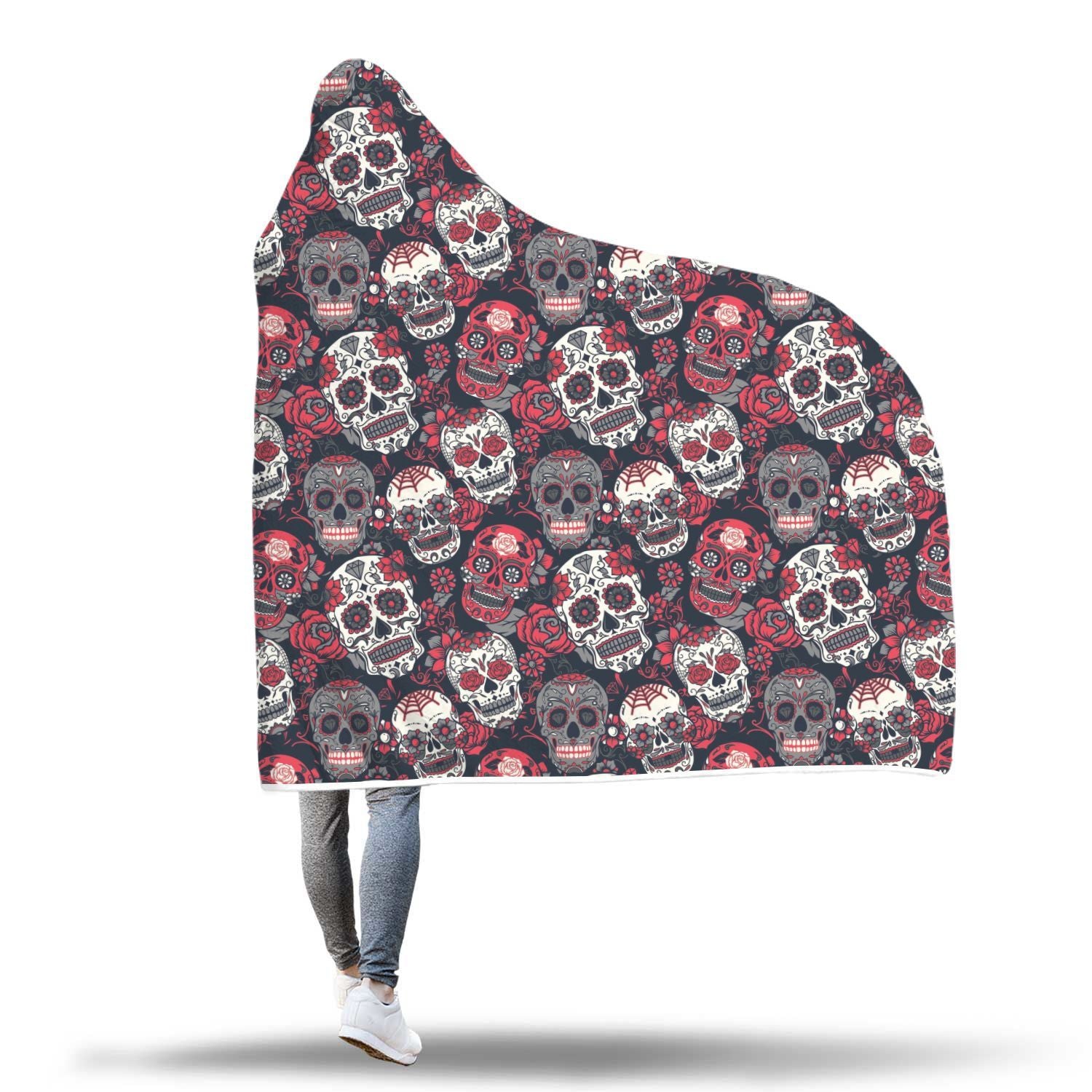 Sugar Skull Skeleton Girly Rose Floral Pattern Print Hooded Blanket-grizzshop