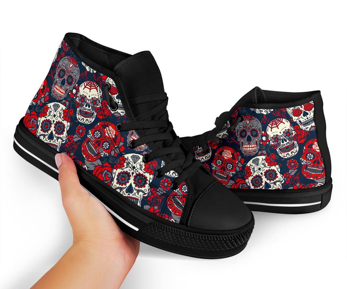Sugar Skull Skeleton Girly Rose Floral Pattern Print Men Women's High Top Shoes-grizzshop