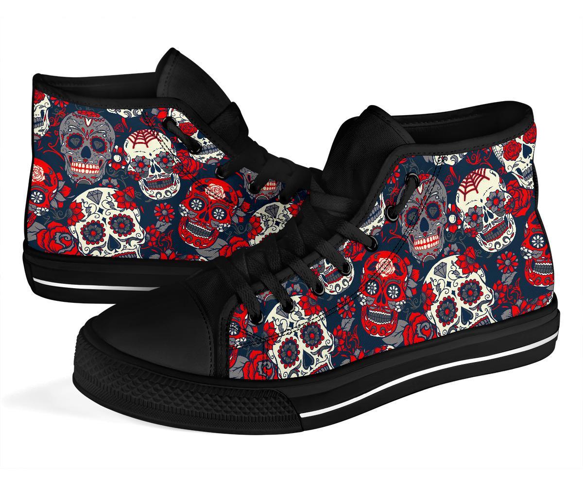 Sugar Skull Skeleton Girly Rose Floral Pattern Print Men Women's High Top Shoes-grizzshop