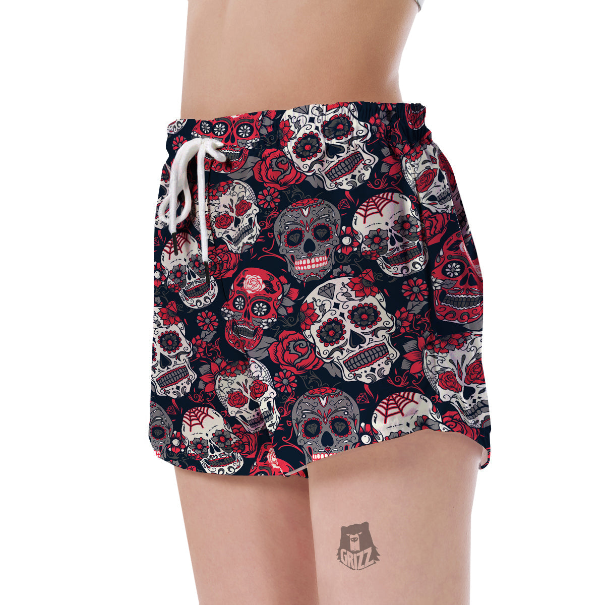 Sugar Skull Skeleton Girly Rose Floral Pattern Print Women's Shorts-grizzshop