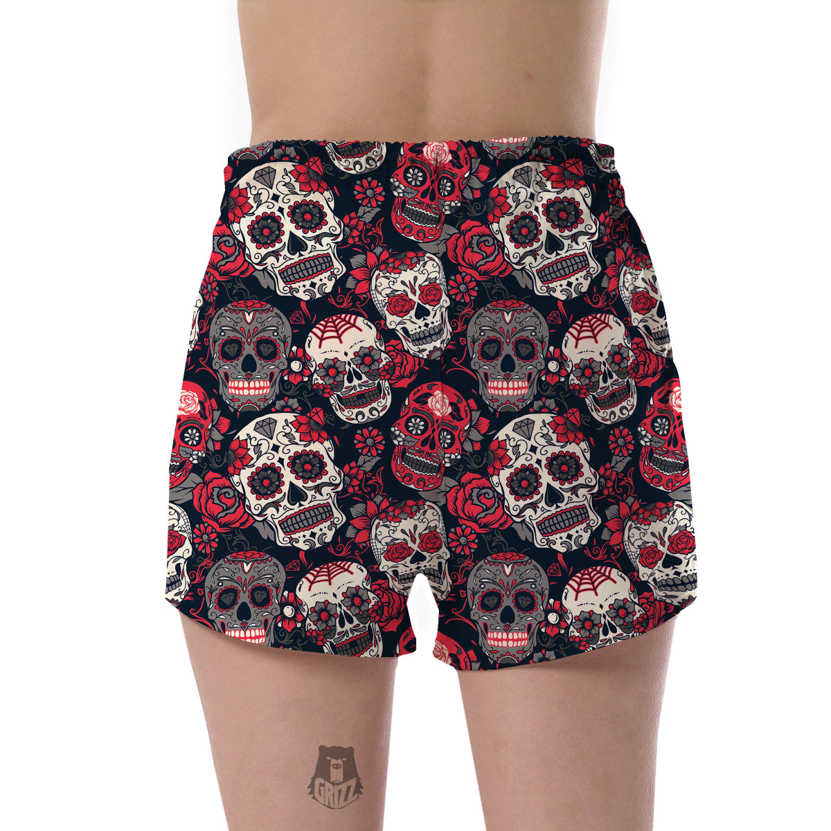 Sugar Skull Skeleton Girly Rose Floral Pattern Print Women's Shorts-grizzshop