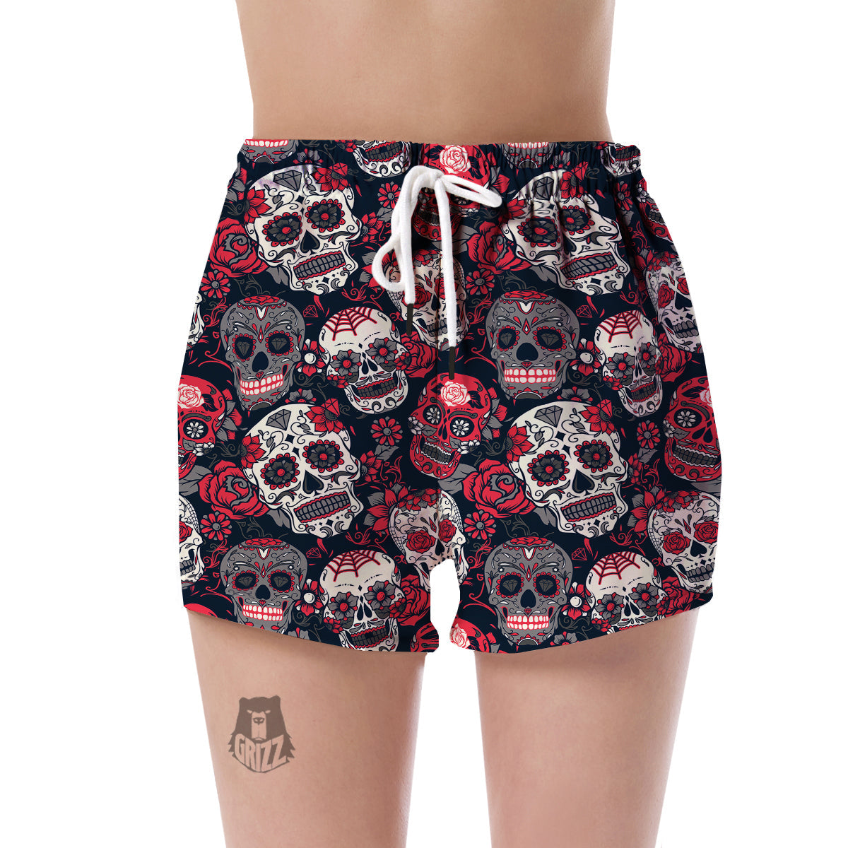 Sugar Skull Skeleton Girly Rose Floral Pattern Print Women's Shorts-grizzshop