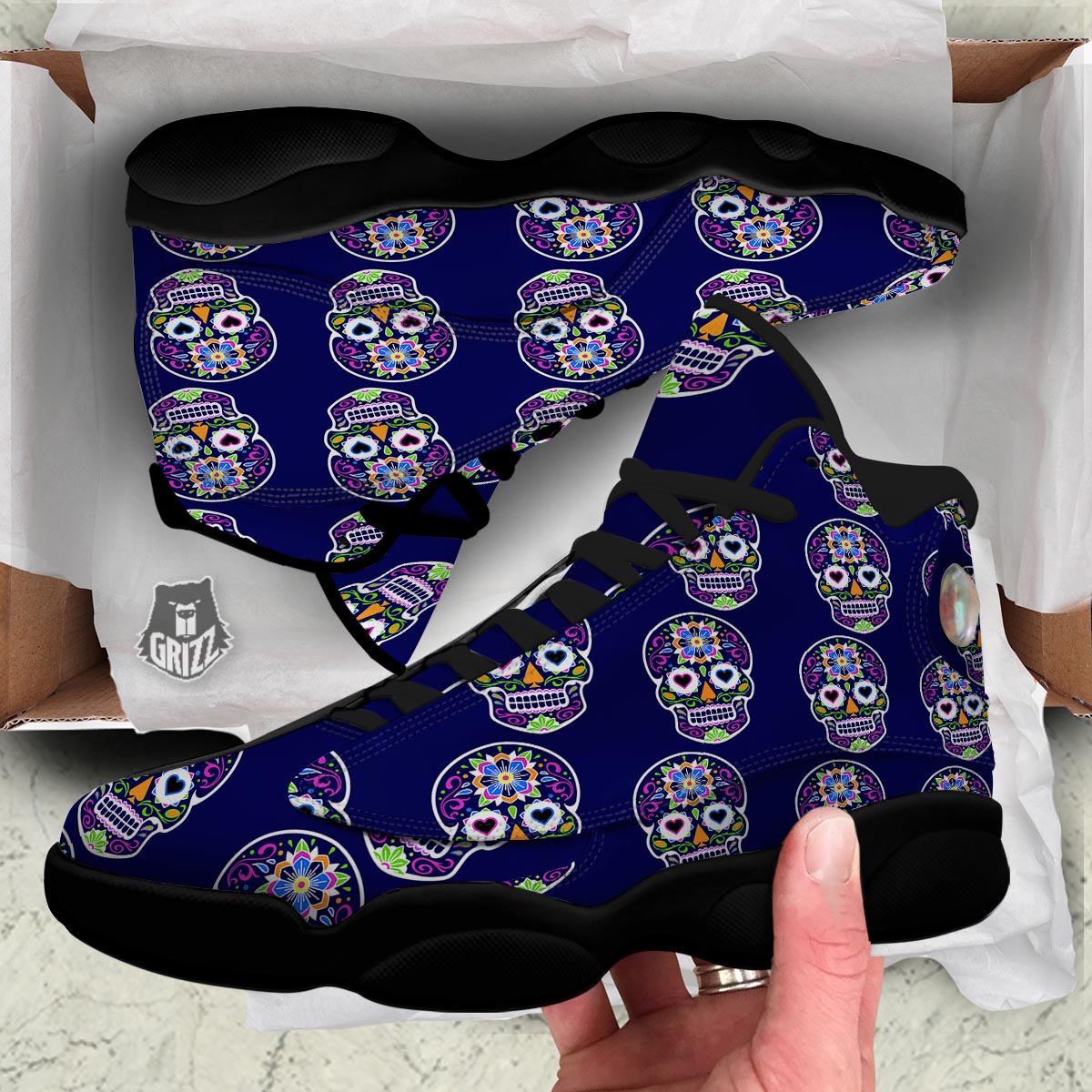 Sugar Skull Teal Pink Print Pattern Black Basketball Shoes-grizzshop