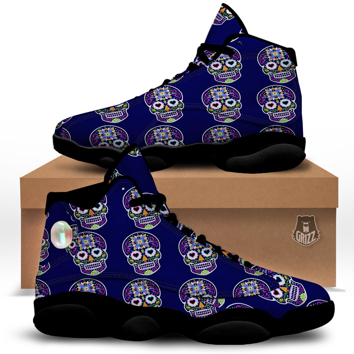 Sugar Skull Teal Pink Print Pattern Black Basketball Shoes-grizzshop