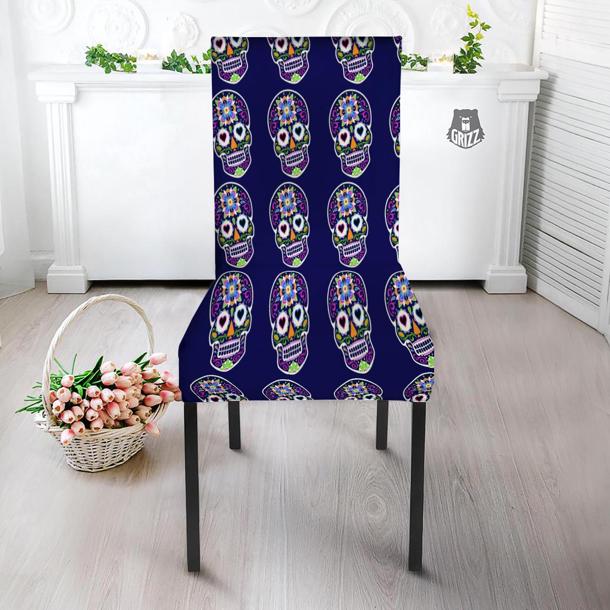 Sugar Skull Teal Pink Print Pattern Dining Chair Slipcover-grizzshop